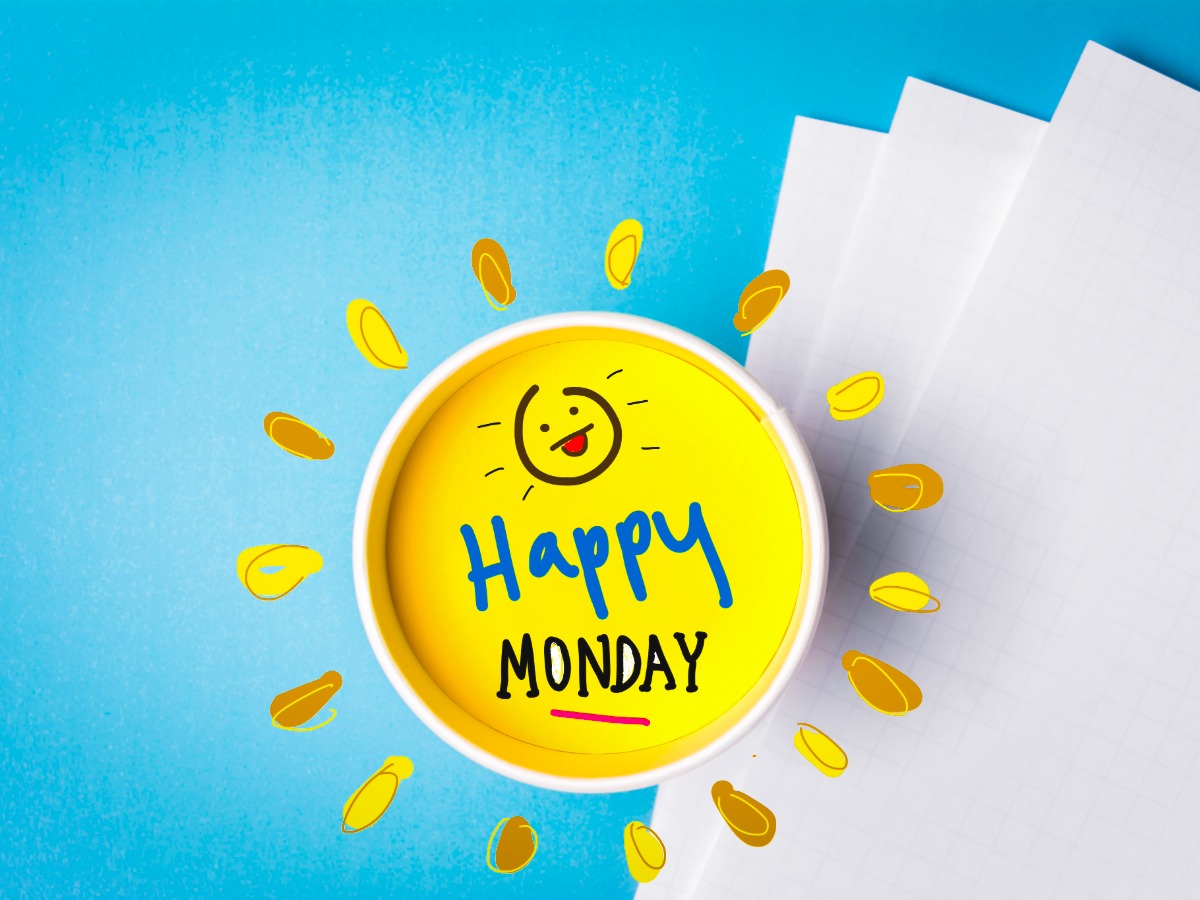 Happy Monday message on a yellow sun against a blue background